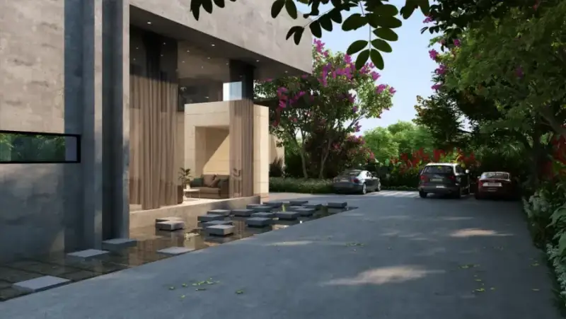 Club Élan clubhouse with waterbody at Suraksha Whispering Waves, Begur