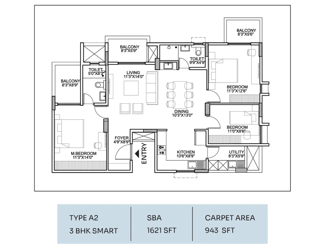 3 BHK Smart 1,621 sqft floor plan at Suraksha Whispering Waves, Begur