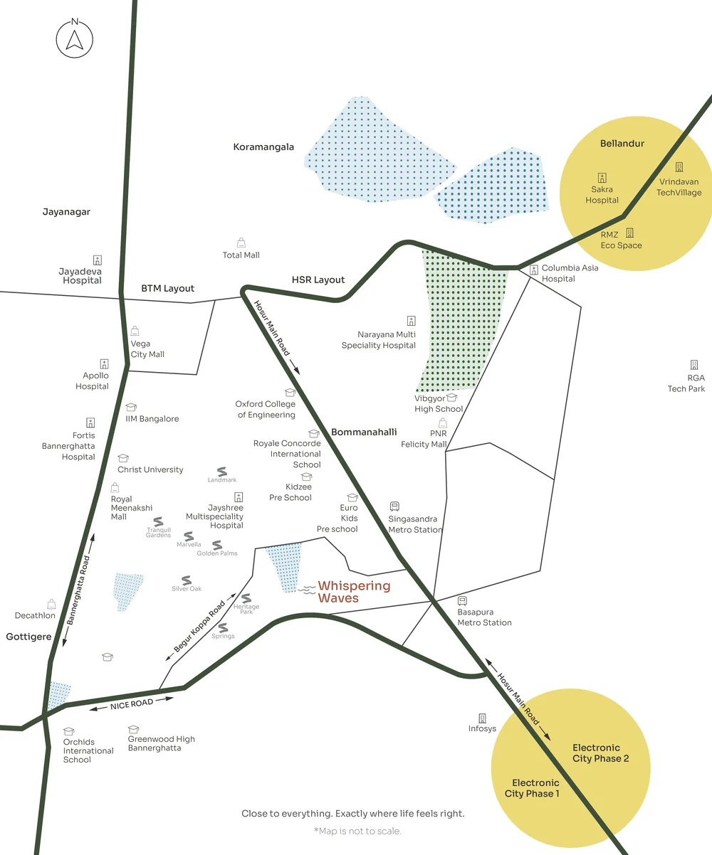 Suraksha Whispering Waves location map beside Begur Lake on Begur Koppa Road, Bangalore